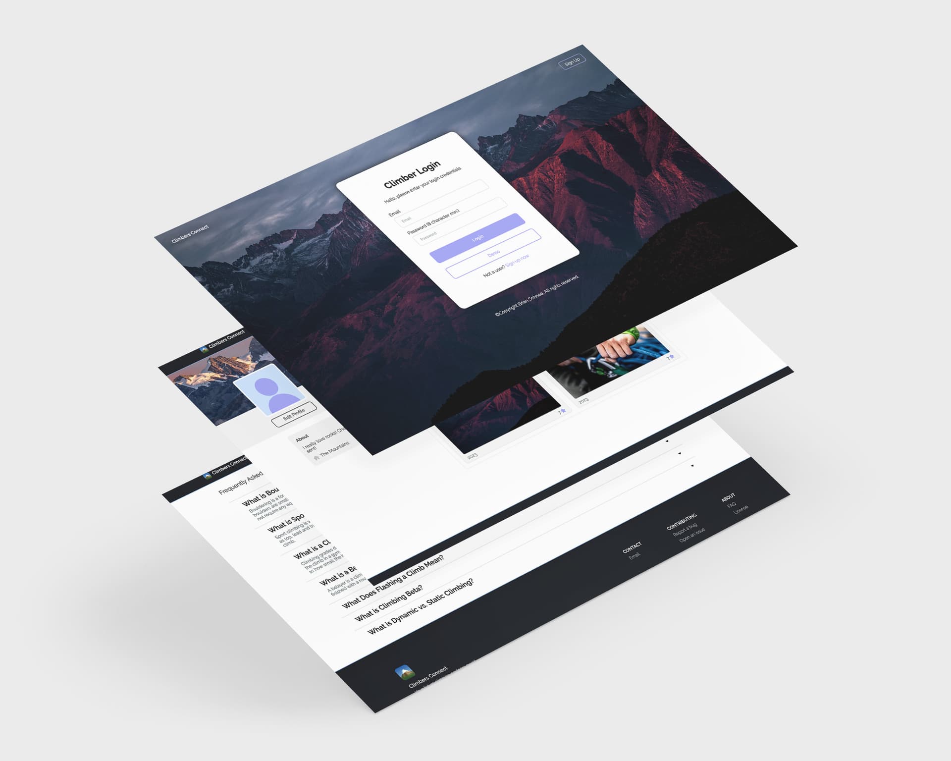 preview of pages from https://climbersconnect.up.railway.app/ website